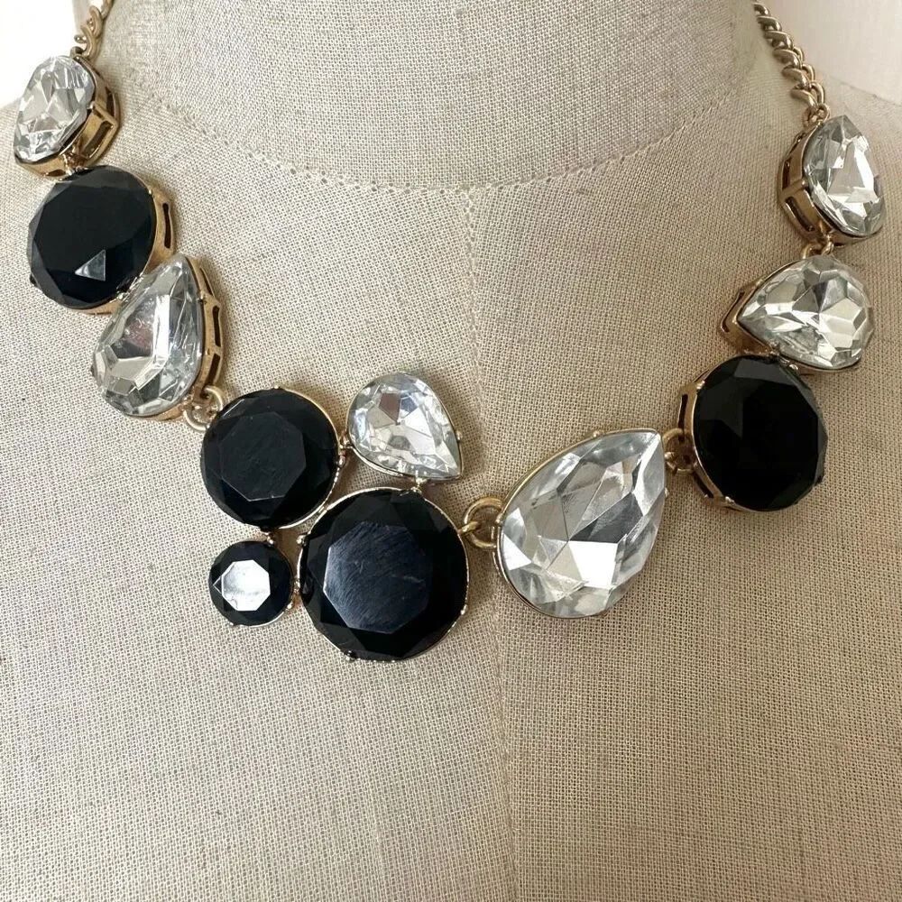 J.Crew black and rhinestone gold tone statement necklace